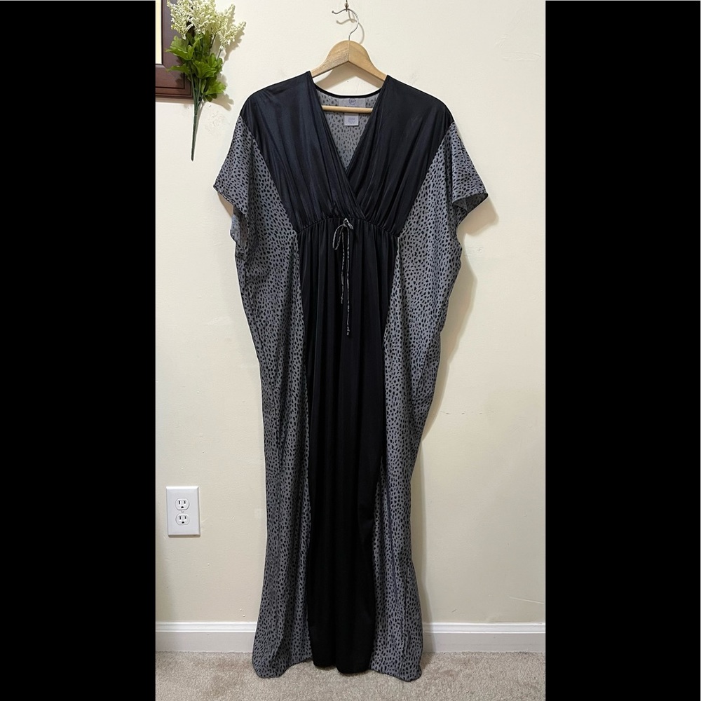 Vintage Undercover Wear Kimono Nylon Maxi Gown Sleepwear Black Gray - Picture 10 of 12